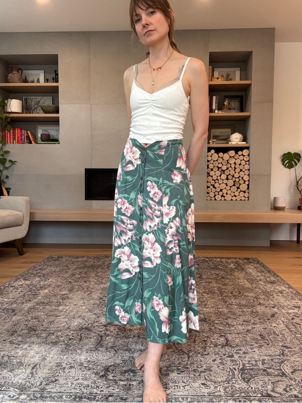 Vintage April Cornell Floral Green Midi Skirt with Pink Bouquet Print small